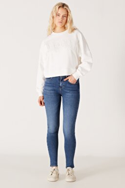 High Rise Skinny Fit Dar Kesim Yüksek Bel Mavi Esnek Jean Kot Pantolon - Mid Blue-W27H017XT (görsel 2)