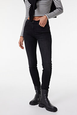 Skinny Fit Dar Kesim Yüksek Bel Siyah High Rise Esnek Jean Denim Kot Pantolon - Black-W27H019001 (görsel 3)