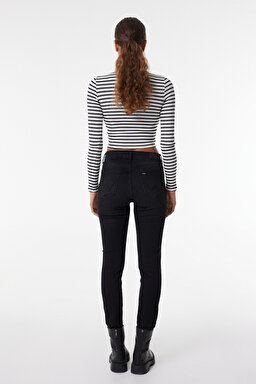 Skinny Fit Dar Kesim Yüksek Bel Siyah High Rise Esnek Jean Denim Kot Pantolon - Black-W27H019001 (görsel 6)