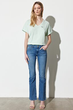 Bootcut Fit Normal Bel Bol Paça Esnek Jean Kot Pantolon - Raven-W28B4736Y (görsel 2)