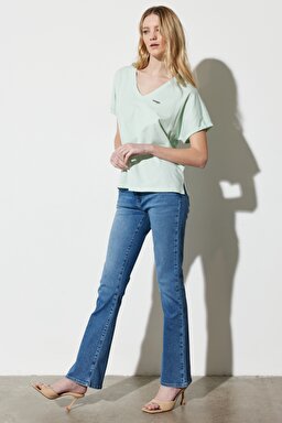 Bootcut Fit Normal Bel Bol Paça Esnek Jean Kot Pantolon - Raven-W28B4736Y (görsel 4)
