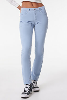 Slim Fit Dar Kesim Normal Bel Esnek Mavi Kadife Pantolon - Blue-W28L003400 (görsel 2)