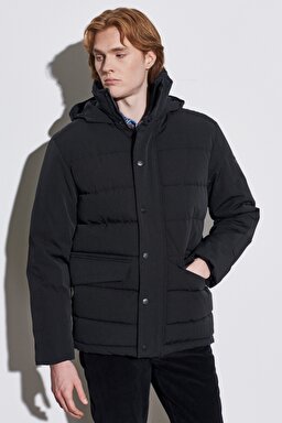 Regular Fit Normal Kesim Kapüşonlu Tam Fermuarlı Siyah Şişme Mont - Black-W2B2WW100