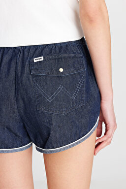 %100 Pamuk Relaxed Fit Geniş Kesim Normal Bel Koyu Mavi Denim Şort - Saddle-W2B96577383 (görsel 5)