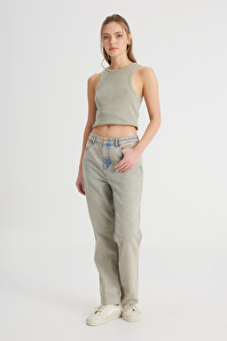 Regular Fit Normal Kesim Yüksek Bel Düz Paça %100 Pamuk Wild West Taş Rengi Jean Kot Pantolon - Stone-W2H200958