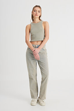 Regular Fit Normal Kesim Yüksek Bel Düz Paça %100 Pamuk Wild West Taş Rengi Jean Kot Pantolon - Stone-W2H200958 (görsel 3)