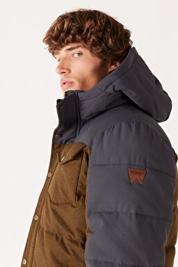 Regular Fit Normal Kesim Kapüşonlu Gri Şişme Mont - Faded Black-W40LWPXV6 (görsel 5)