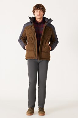 Regular Fit Normal Kesim Kapüşonlu Gri Şişme Mont - Faded Black-W40LWPXV6 (görsel 6)