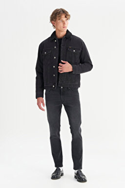 %100 Pamuk Regular Fit Normal Kesim Sherpa Detaylı Siyah Denim Ceket - Orion-W45D4365818 (görsel 2)