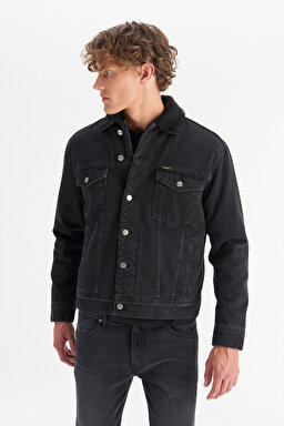 100 Pamuk Regular Fit Normal Kesim Sherpa Detaylı Siyah Denim