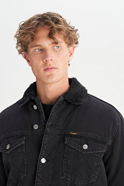 %100 Pamuk Regular Fit Normal Kesim Sherpa Detaylı Siyah Denim Ceket - Orion-W45D4365818 (görsel 4)