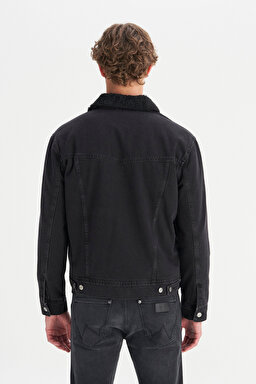 %100 Pamuk Regular Fit Normal Kesim Sherpa Detaylı Siyah Denim Ceket - Orion-W45D4365818 (görsel 5)