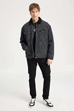 Regular Fit Normal Kesim Tam Fermuarlı Sherpa Jean Kot Ceket - One Chance-W4727029P (görsel 3)