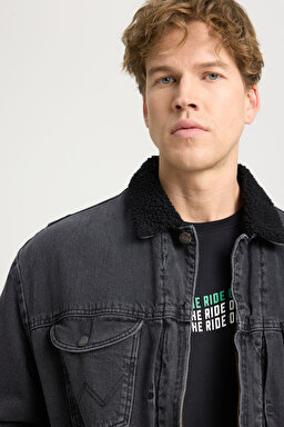Regular Fit Normal Kesim Tam Fermuarlı Sherpa Jean Kot Ceket - One Chance-W4727029P (görsel 4)