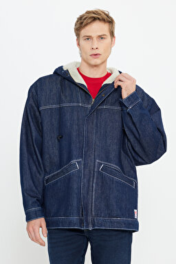 Regular Fit Normal Kesim %100 Pamuk Kapüşonlu Sherpa Jean Kot Ceket - Indigo Hemp-W476CD12O