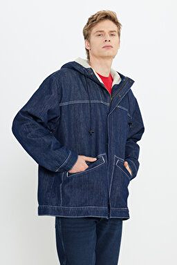 Regular Fit Normal Kesim %100 Pamuk Kapüşonlu Sherpa Jean Kot Ceket - Indigo Hemp-W476CD12O (görsel 2)