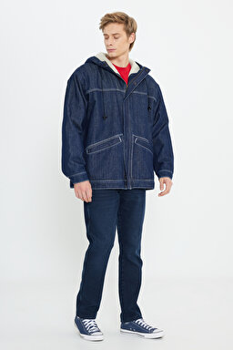 Regular Fit Normal Kesim %100 Pamuk Kapüşonlu Sherpa Jean Kot Ceket - Indigo Hemp-W476CD12O (görsel 3)