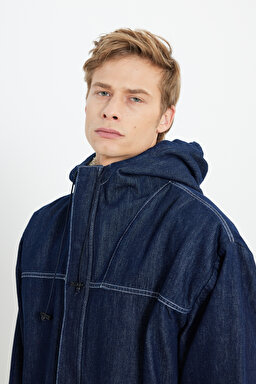 Regular Fit Normal Kesim %100 Pamuk Kapüşonlu Sherpa Jean Kot Ceket - Indigo Hemp-W476CD12O (görsel 4)