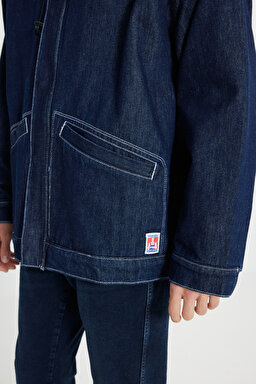 Regular Fit Normal Kesim %100 Pamuk Kapüşonlu Sherpa Jean Kot Ceket - Indigo Hemp-W476CD12O (görsel 7)