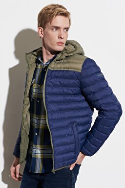 Regular Fit Normal Kesim Kapüşonlu Tam Fermuarlı Mavi Şişme Mont - Navy-W4B1WA114 (görsel 3)