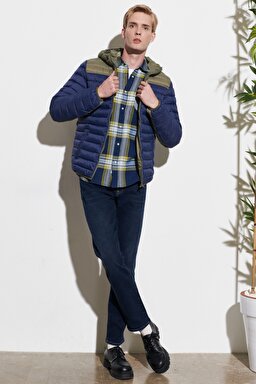 Regular Fit Normal Kesim Kapüşonlu Tam Fermuarlı Mavi Şişme Mont - Navy-W4B1WA114 (görsel 7)