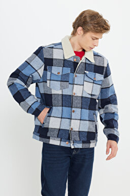 Loose Fit Rahat Kesim Mavi Ekoseli Sherpa Ceket - Captains Blue-W4E0XZ84Z (görsel 2)