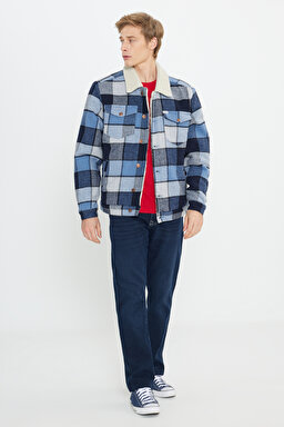 Loose Fit Rahat Kesim Mavi Ekoseli Sherpa Ceket - Captains Blue-W4E0XZ84Z (görsel 3)