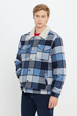 Loose Fit Rahat Kesim Mavi Ekoseli Sherpa Ceket - Captains Blue-W4E0XZ84Z (görsel 5)