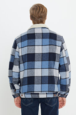 Loose Fit Rahat Kesim Mavi Ekoseli Sherpa Ceket - Captains Blue-W4E0XZ84Z (görsel 6)