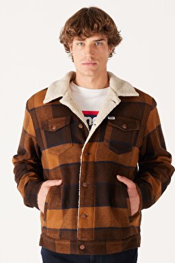 Loose Fit Rahat Kesim Dik Yaka Kahverengi Ekoseli Sherpa Ceket - Yellow Check-W4E0XZY80