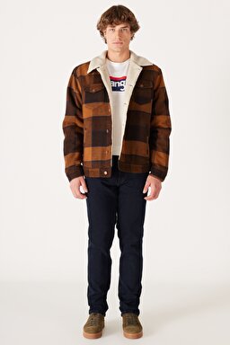 Loose Fit Rahat Kesim Dik Yaka Kahverengi Ekoseli Sherpa Ceket - Yellow Check-W4E0XZY80 (görsel 5)