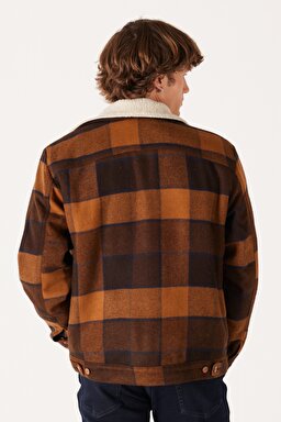 Loose Fit Rahat Kesim Dik Yaka Kahverengi Ekoseli Sherpa Ceket - Yellow Check-W4E0XZY80 (görsel 6)