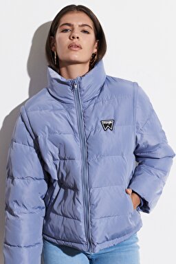 Regular Fit Bisiklet Yaka Kolları Çıkabilen Şişme Mont - Stone Wash Blue-W4R9YJX4Q