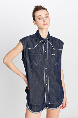 %100 Pamuk Loose Fit Rahat Kesim Cepli Denim Kot Gömlek - Saddle-W50E6577383