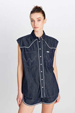 %100 Pamuk Loose Fit Rahat Kesim Cepli Denim Kot Gömlek - Saddle-W50E6577383 (görsel 2)
