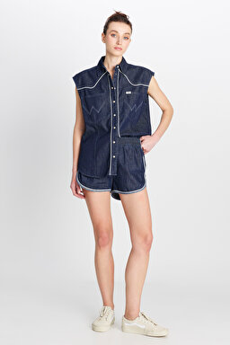 %100 Pamuk Loose Fit Rahat Kesim Cepli Denim Kot Gömlek - Saddle-W50E6577383 (görsel 3)