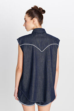 %100 Pamuk Loose Fit Rahat Kesim Cepli Denim Kot Gömlek - Saddle-W50E6577383 (görsel 5)