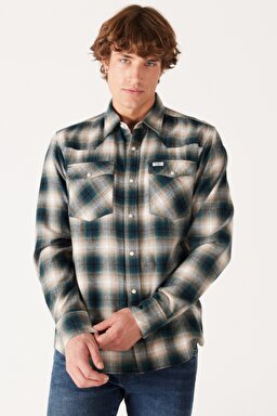 Loose Fit Rahat Kesim %100 Pamuk Bej Yeşil Ekoseli Uzun Kollu Gömlek - Dark Matcha-W556B3G61 (görsel 2)