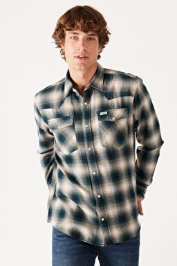 Loose Fit Rahat Kesim %100 Pamuk Bej Yeşil Ekoseli Uzun Kollu Gömlek - Dark Matcha-W556B3G61 (görsel 3)