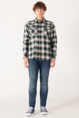 Loose Fit Rahat Kesim %100 Pamuk Bej Yeşil Ekoseli Uzun Kollu Gömlek - Dark Matcha-W556B3G61 (görsel 5)