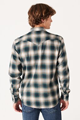 Loose Fit Rahat Kesim %100 Pamuk Bej Yeşil Ekoseli Uzun Kollu Gömlek - Dark Matcha-W556B3G61 (görsel 6)