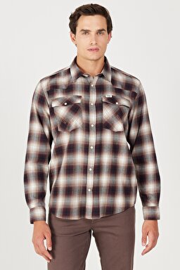 Loose Fit Rahat Kesim %100 Pamuk Bej Bordo Ekoseli Uzun Kollu Gömlek - Dahlia-W556B3H68