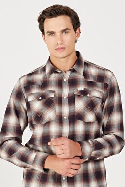 Loose Fit Rahat Kesim %100 Pamuk Bej Bordo Ekoseli Uzun Kollu Gömlek - Dahlia-W556B3H68 (görsel 2)