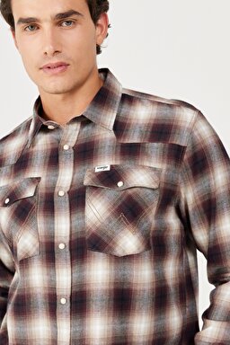 Loose Fit Rahat Kesim %100 Pamuk Bej Bordo Ekoseli Uzun Kollu Gömlek - Dahlia-W556B3H68 (görsel 4)