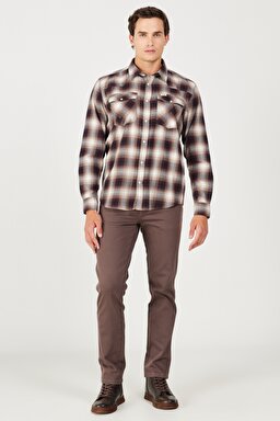 Loose Fit Rahat Kesim %100 Pamuk Bej Bordo Ekoseli Uzun Kollu Gömlek - Dahlia-W556B3H68 (görsel 5)