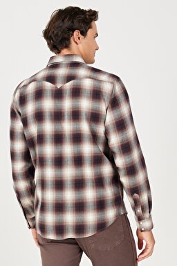 Loose Fit Rahat Kesim %100 Pamuk Bej Bordo Ekoseli Uzun Kollu Gömlek - Dahlia-W556B3H68 (görsel 6)