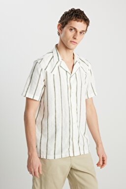 Relaxed Fit Geniş Kesim Pamuklu Bej Gömlek - Natural Stripe-W5797406306