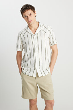 Relaxed Fit Geniş Kesim Pamuklu Bej Gömlek - Natural Stripe-W5797406306 (görsel 2)