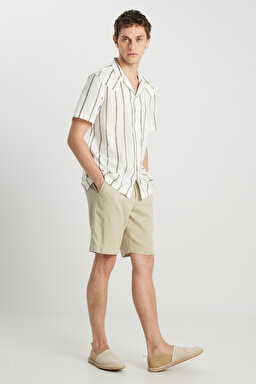 Relaxed Fit Geniş Kesim Pamuklu Bej Gömlek - Natural Stripe-W5797406306 (görsel 3)
