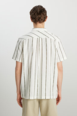 Relaxed Fit Geniş Kesim Pamuklu Bej Gömlek - Natural Stripe-W5797406306 (görsel 5)